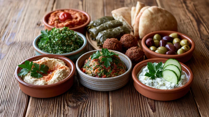 Middle eastern mezze spread with hummus, tabbouleh, falafel and pita on a rustic wooden table