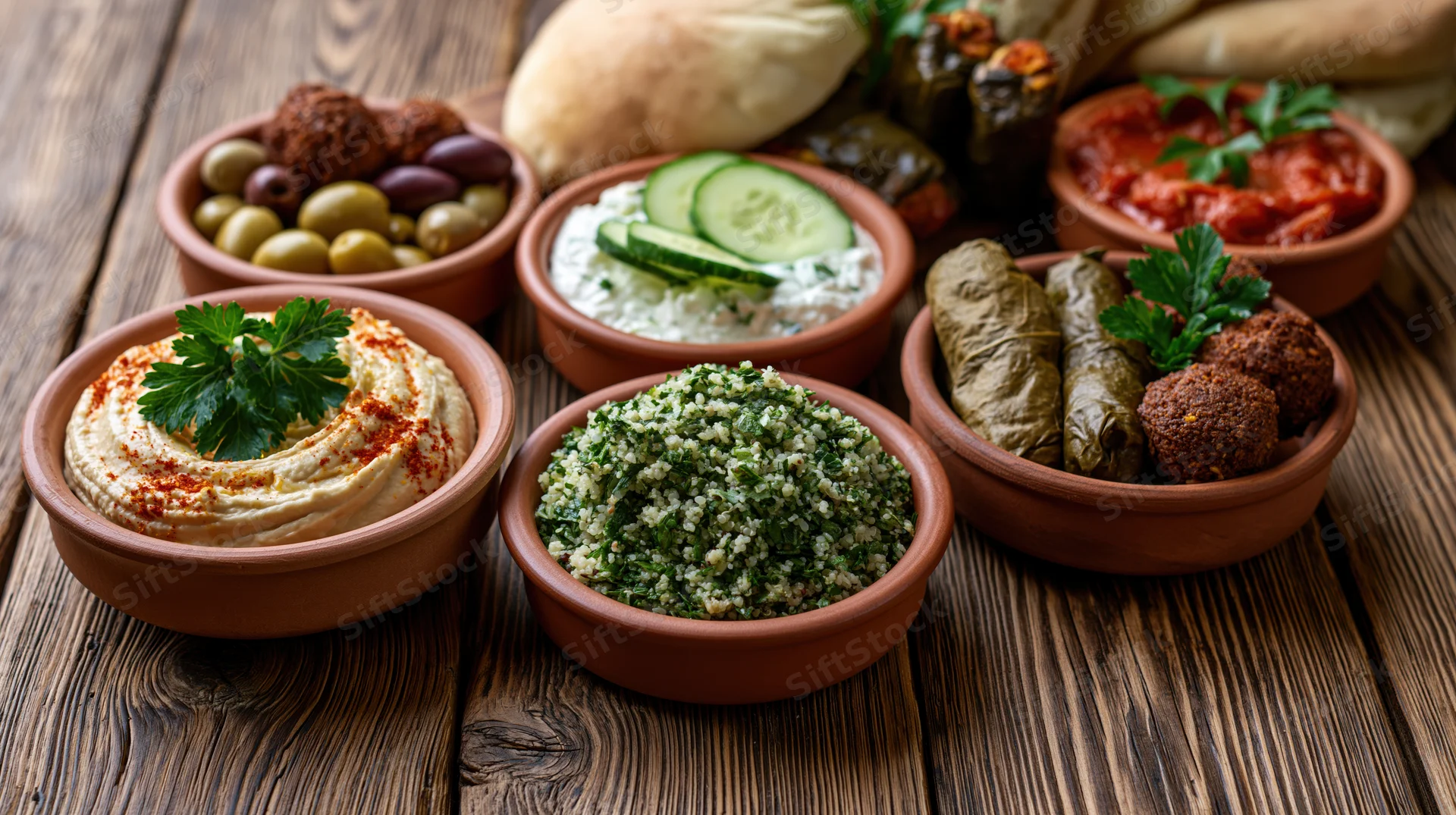 Middle eastern mezze spread with hummus, tabbouleh, falafel and pita on a rustic wooden table