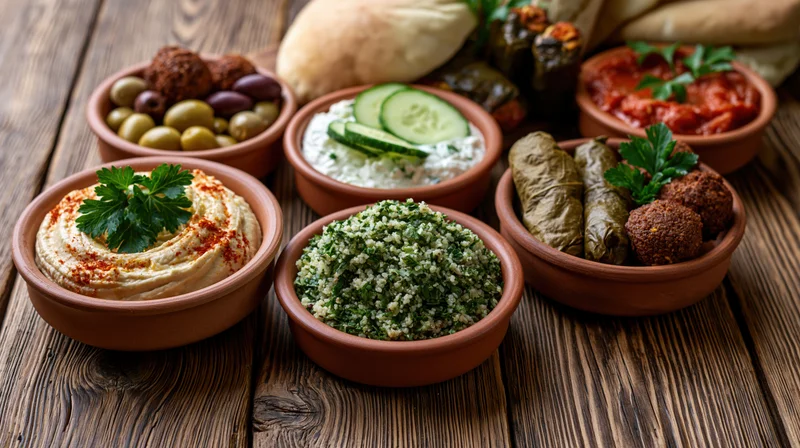 Middle eastern mezze spread with hummus, tabbouleh, falafel and pita on a rustic wooden table