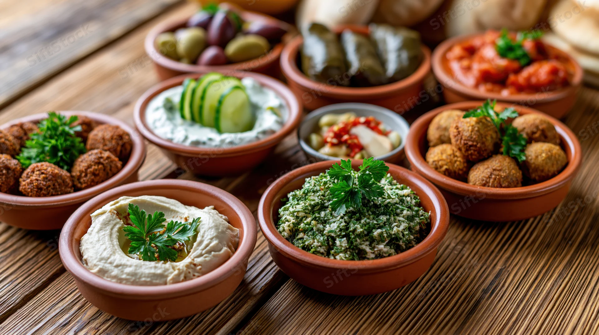Middle eastern mezze dishes arranged on a wooden table with clay bowls and garnishes