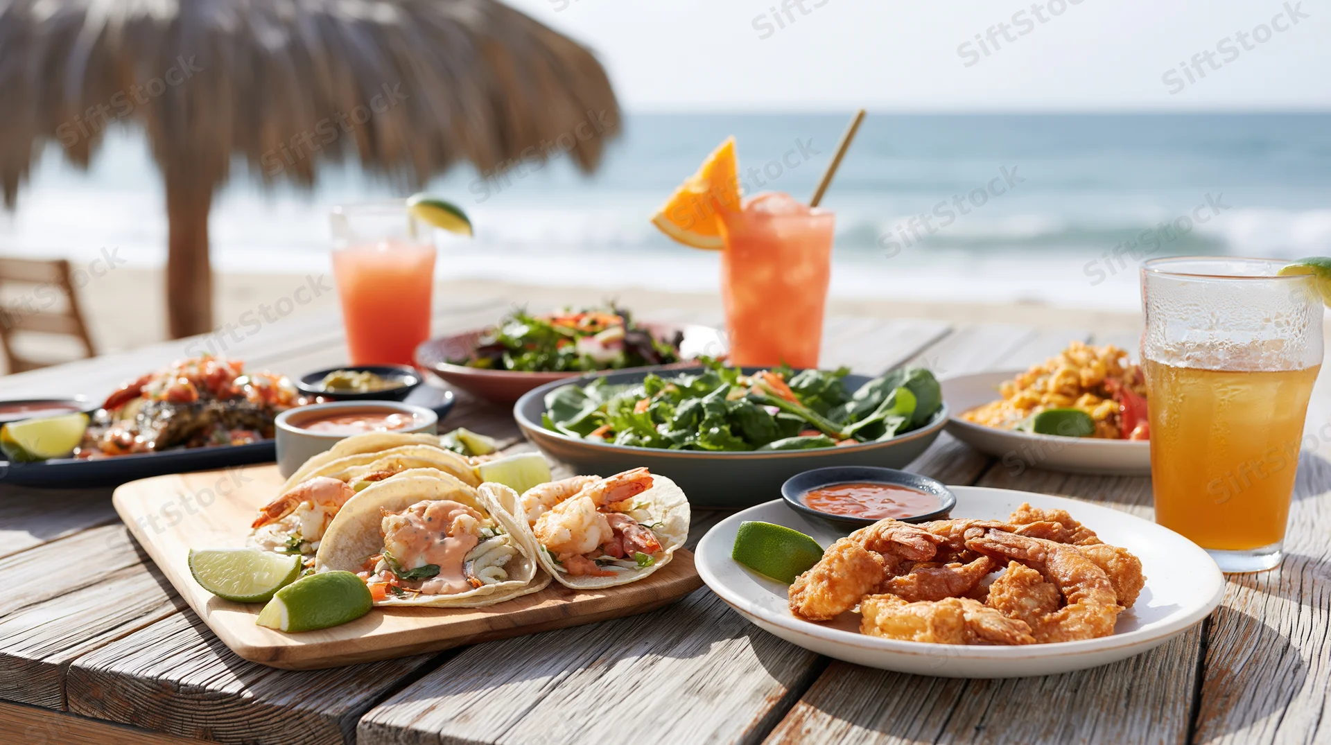 Seafood tacos and fried shrimp with fresh salads and cocktails on a wooden table by the beach
