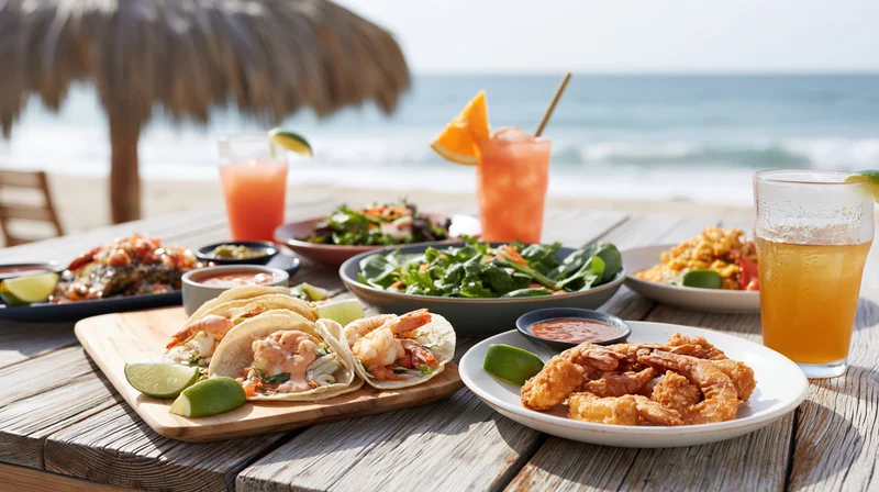 Seafood tacos and fried shrimp with fresh salads and cocktails on a wooden table by the beach