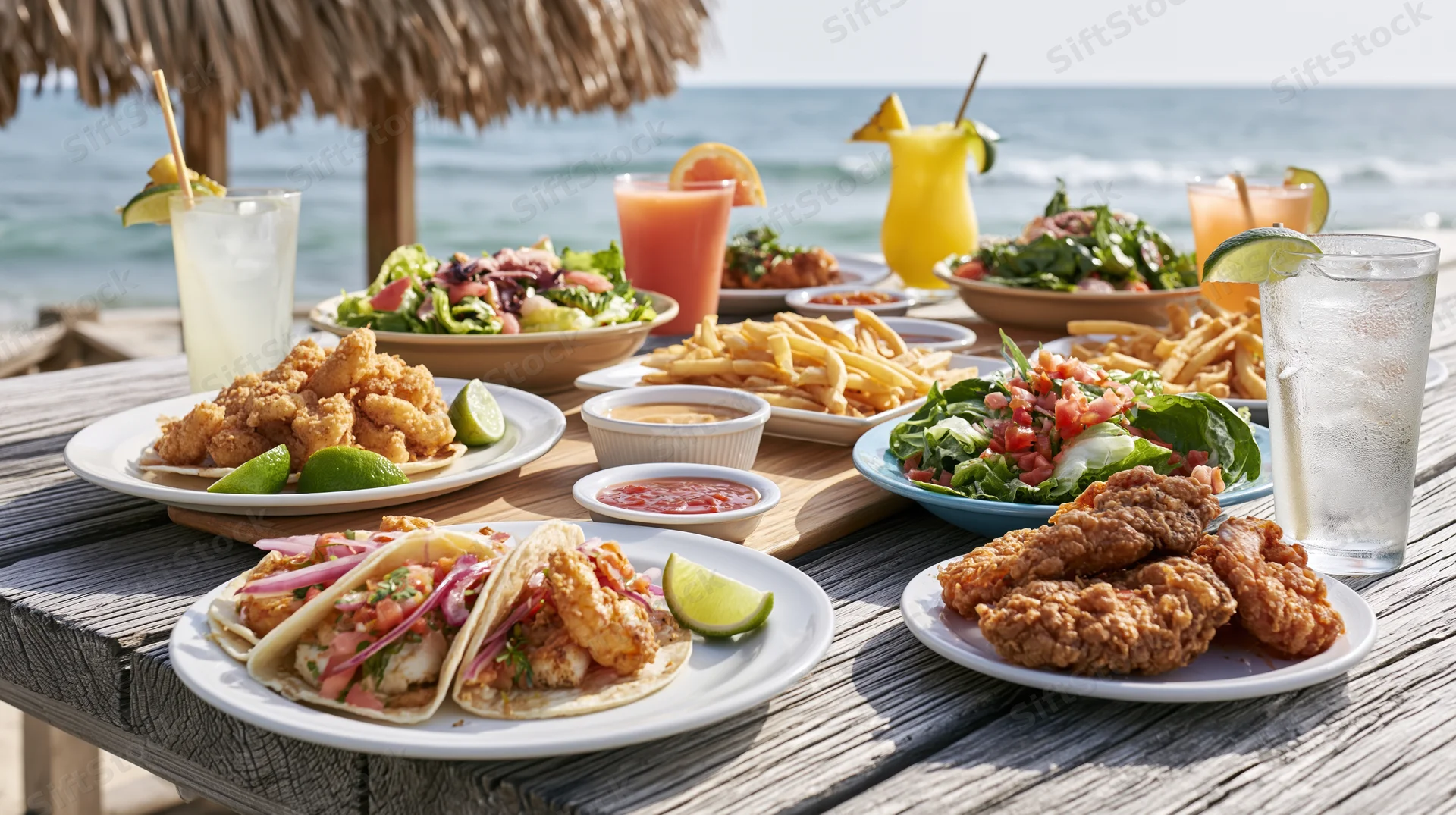 Seafood tacos and fried shrimp with fresh salads and cocktails on a wooden table by the ocean