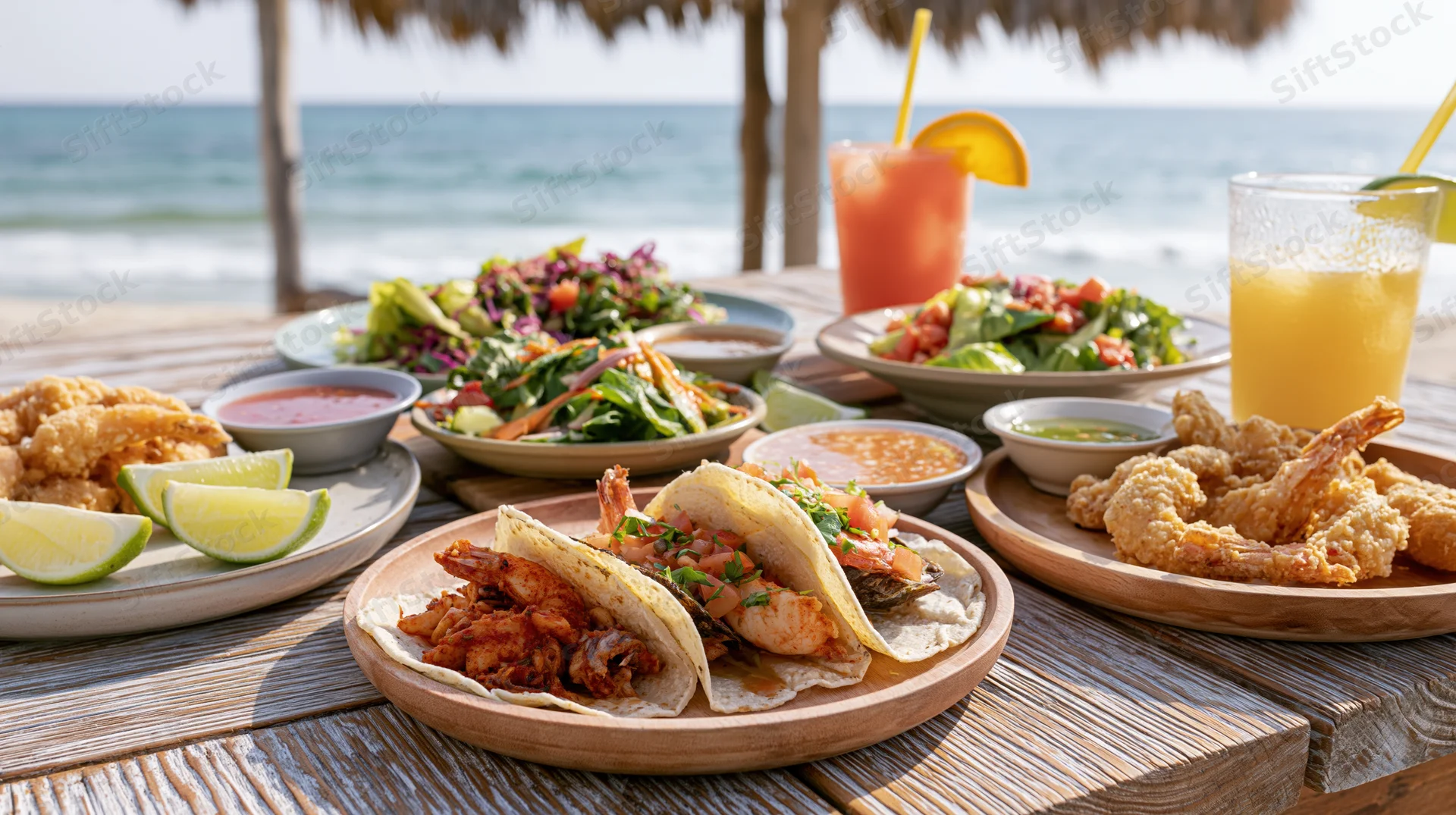 Seafood tacos and fried shrimp with fresh salads on a wooden table by the ocean under a thatched roof