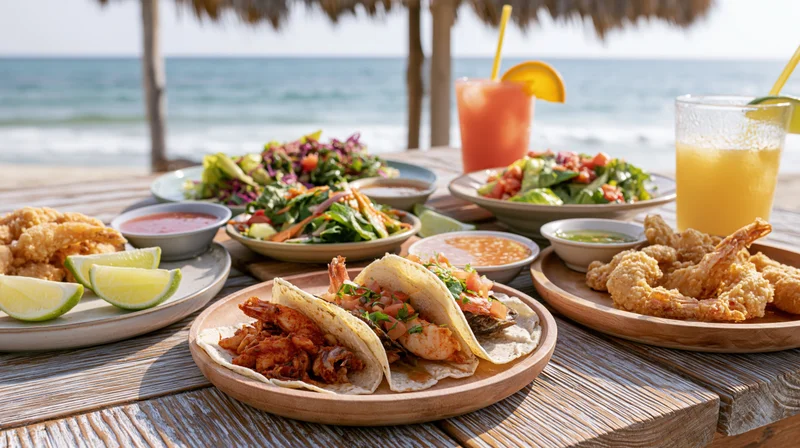 Seafood tacos and fried shrimp with fresh salads on a wooden table by the ocean under a thatched roof