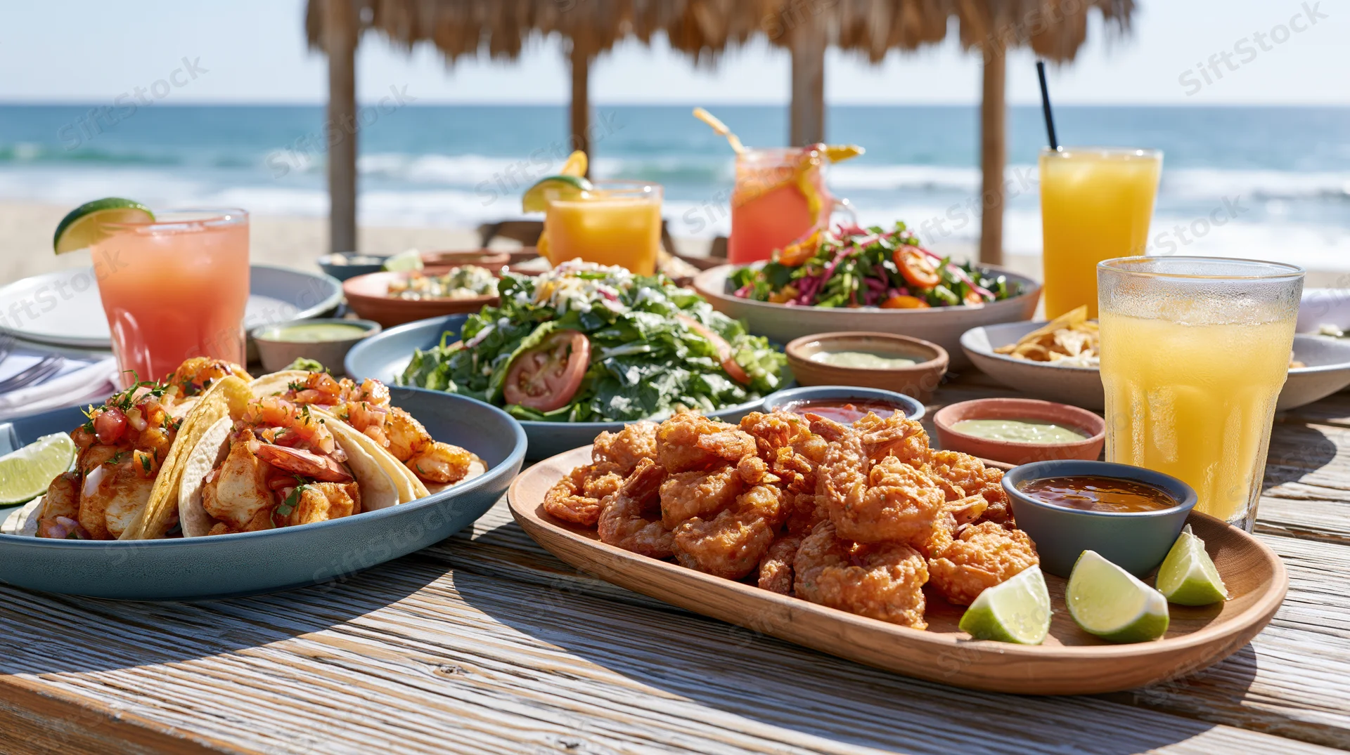 Seafood tacos and fried shrimp with fresh salads and cocktails on a beach table under a thatched umbrella