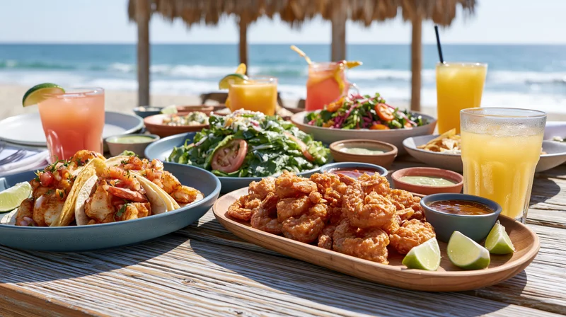 Seafood tacos and fried shrimp with fresh salads and cocktails on a beach table under a thatched umbrella
