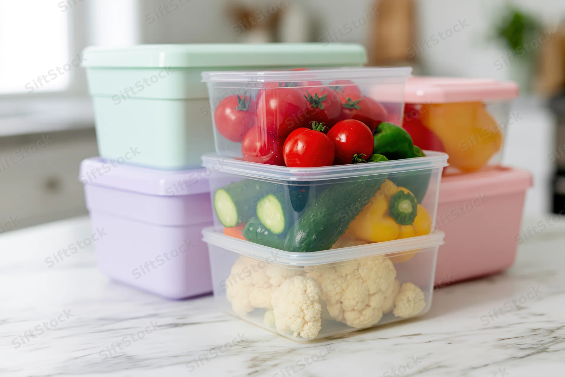 Stack of clear plastic food storage containers filled with fresh vegetables on a marble kitchen countertop