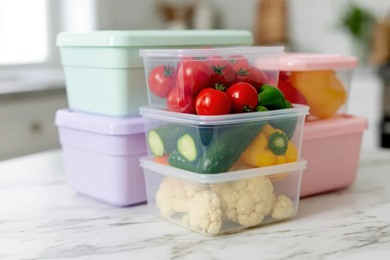 Stack of clear plastic food storage containers filled with fresh vegetables on a marble kitchen countertop