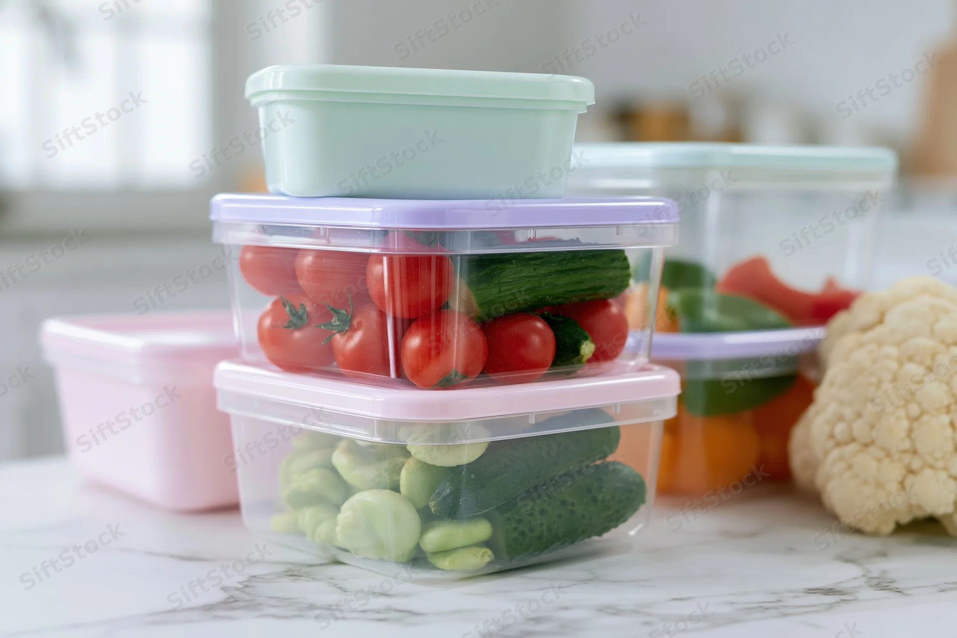 Stack of clear plastic food storage containers filled with fresh vegetables on a marble countertop