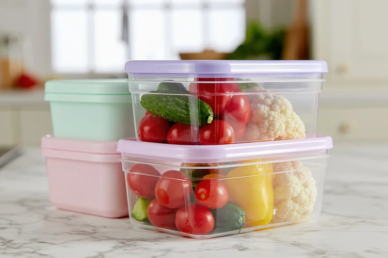 Stack of clear plastic food storage containers filled with fresh vegetables on a marble countertop
