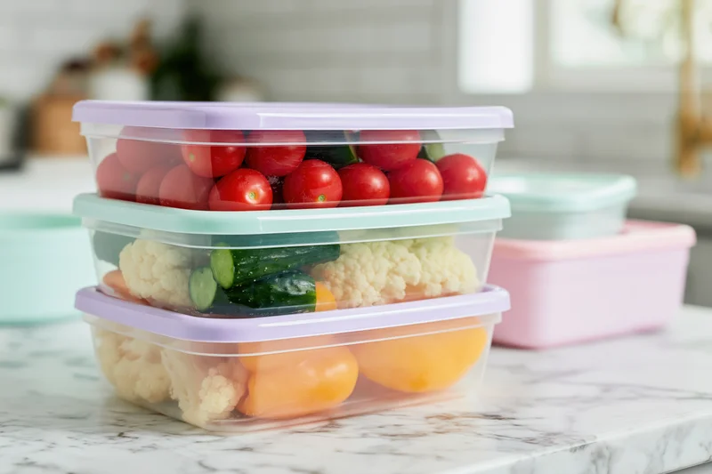 Stack of clear plastic food storage containers filled with fresh vegetables on a marble kitchen countertop