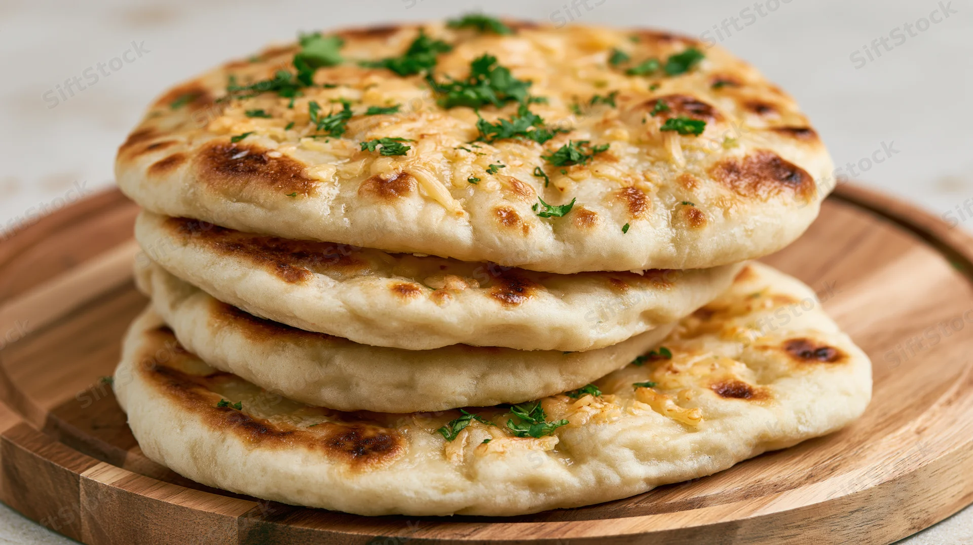 Stack of four naan flatbreads topped with garlic and parsley on a wooden board