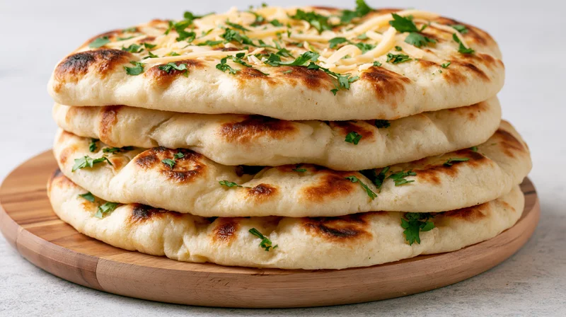 Stack of four freshly baked naan flatbreads topped with shredded cheese and chopped herbs on a wooden board