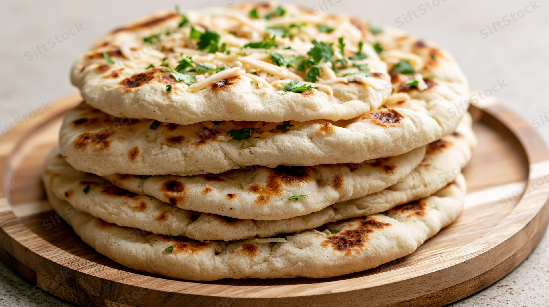 Stack of four freshly baked naan flatbreads topped with shredded cheese and chopped parsley on a wooden tray