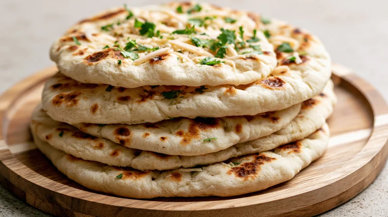 Stack of four freshly baked naan flatbreads topped with shredded cheese and chopped parsley on a wooden tray