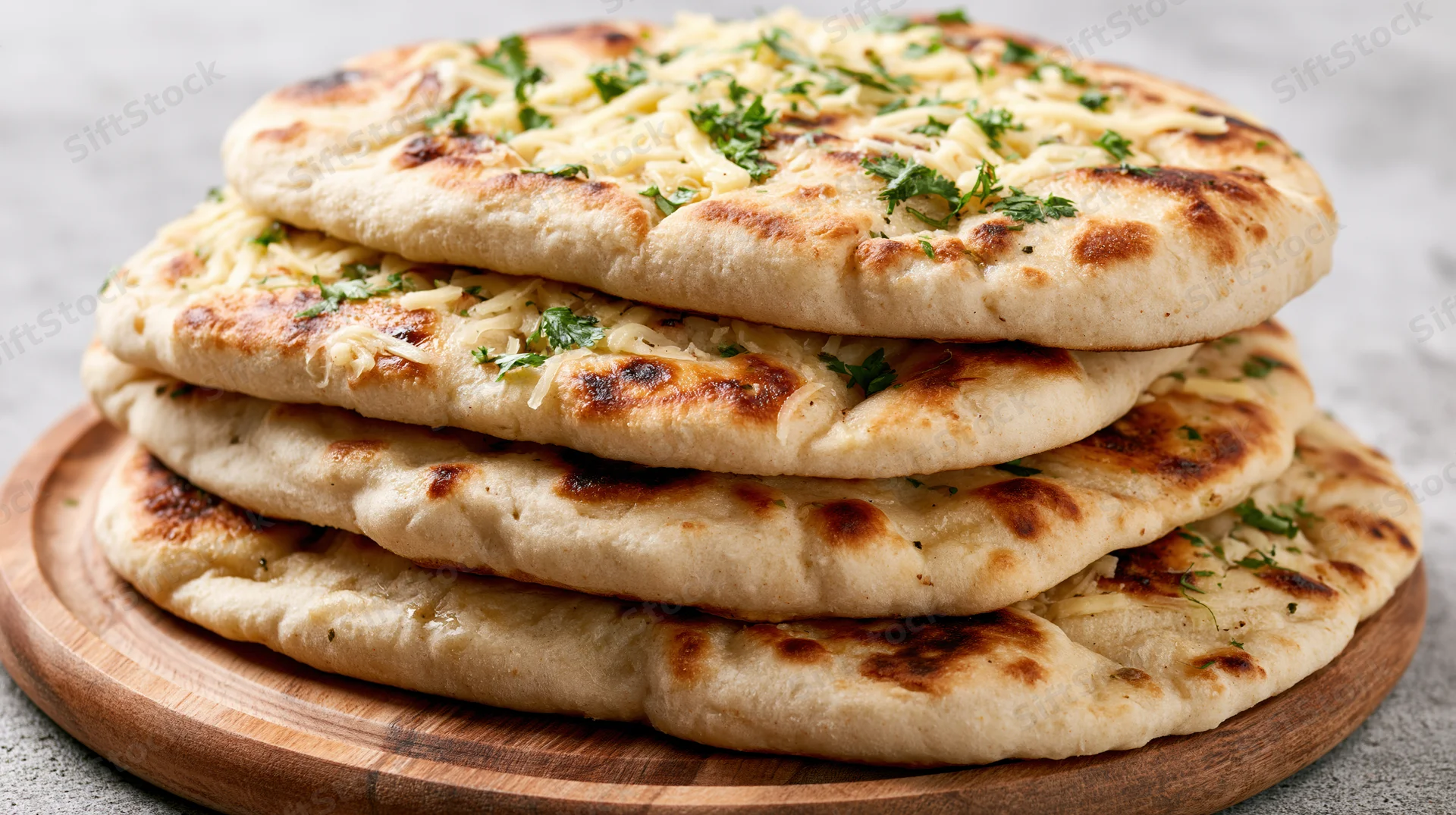 Stack of four naan flatbreads topped with shredded cheese and parsley on a wooden board