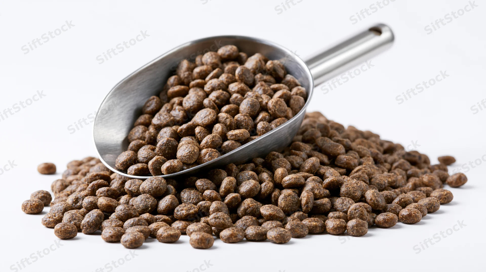 Stainless steel scoop resting on a mound of dry pet food kibble against white background