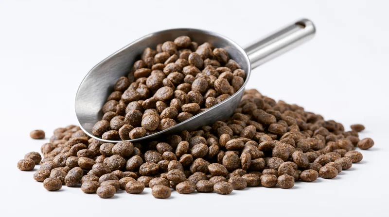 Stainless steel scoop resting on a mound of dry pet food kibble against white background