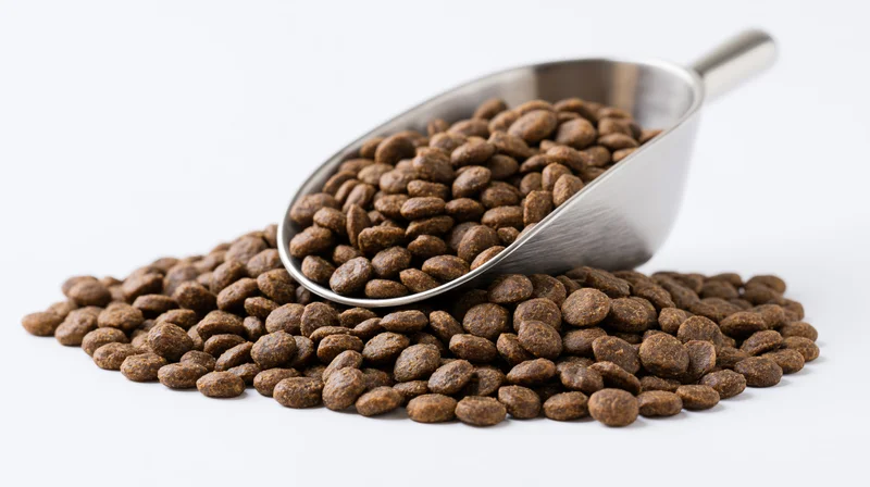 Stainless steel scoop resting on a mound of dry pet food kibble on white background