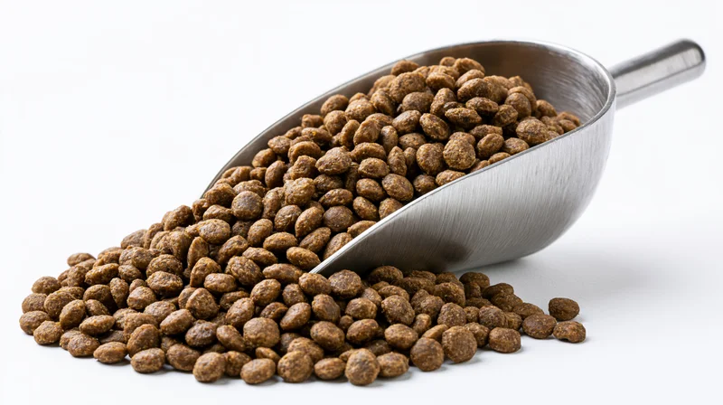 Stainless steel scoop resting on a mound of dry pet food kibble on white background