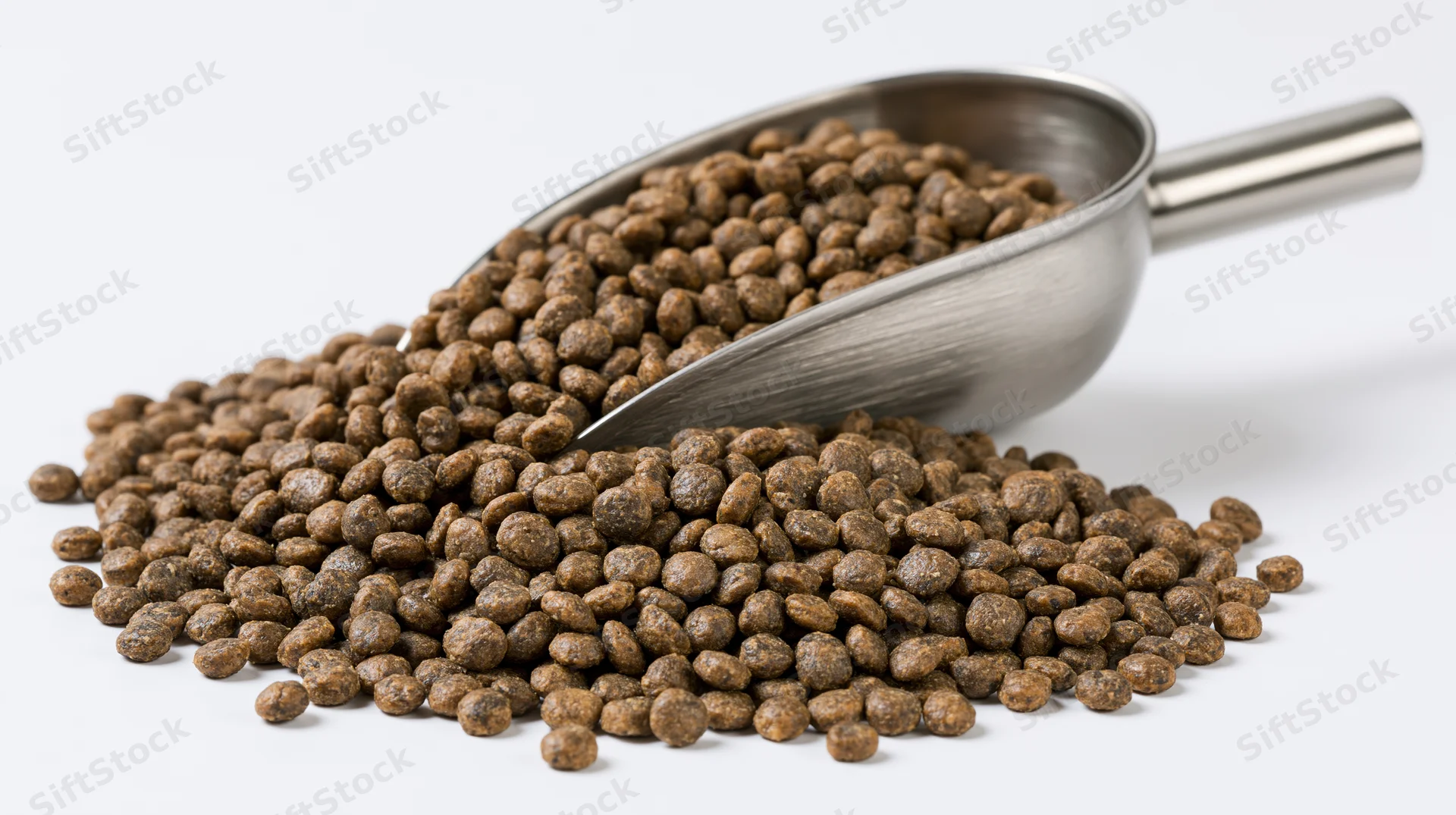 Stainless steel scoop resting on a mound of dry pet food kibble on white background