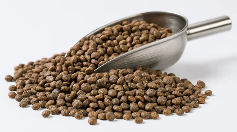 Stainless steel scoop resting on a mound of dry pet food kibble on white background