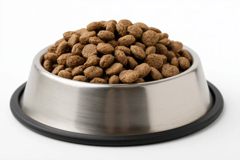 Stainless steel pet food bowl filled with dry kibble on white background