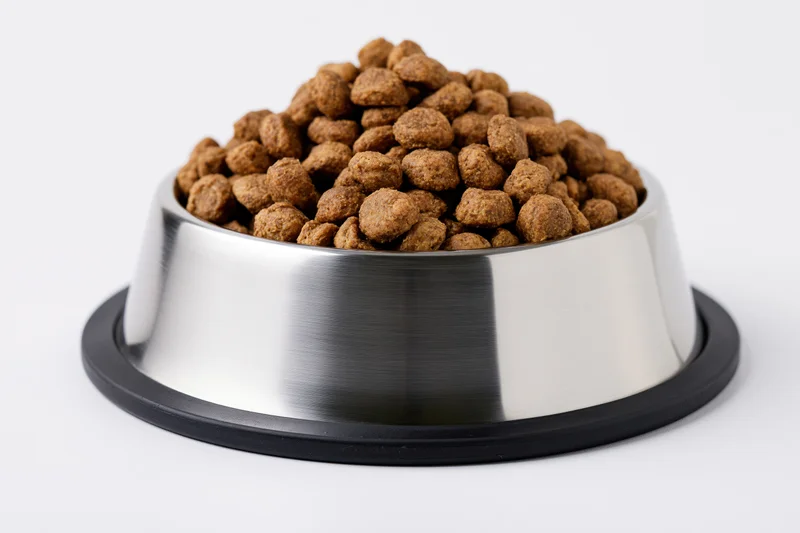 Stainless steel pet food bowl filled with dry kibble on white background