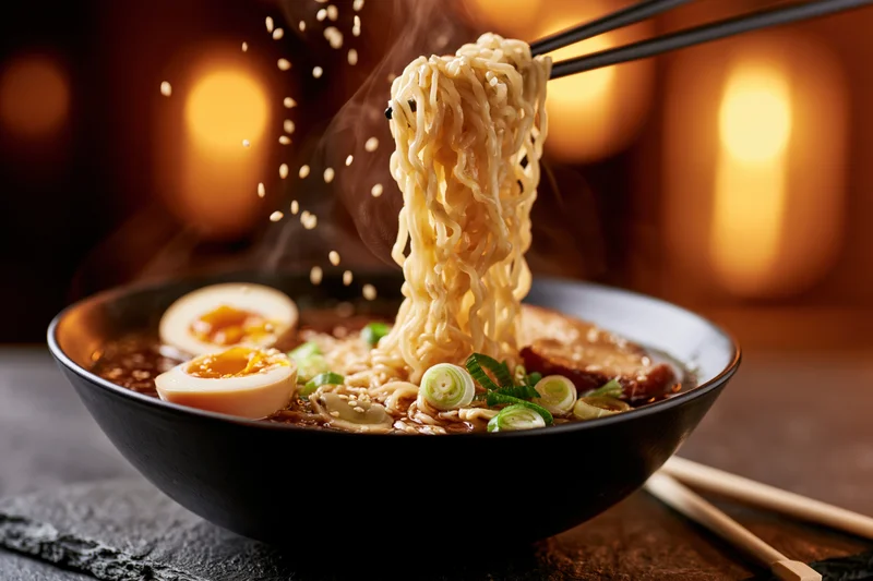 Chopsticks lifting steaming ramen noodles from a bowl with soft-boiled egg and green onions on a dark table
