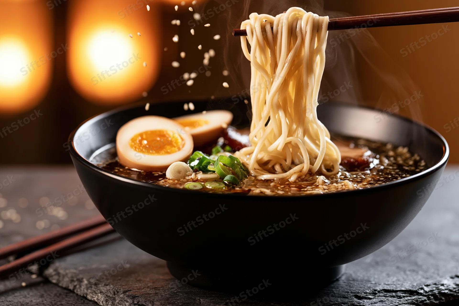 Steaming bowl of ramen with noodles lifted by chopsticks and soft-boiled egg on dark surface