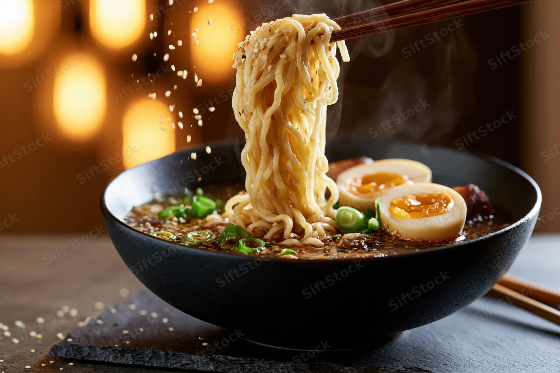 Chopsticks lifting steaming ramen noodles from a black bowl with soft-boiled egg and green onions on a dark table