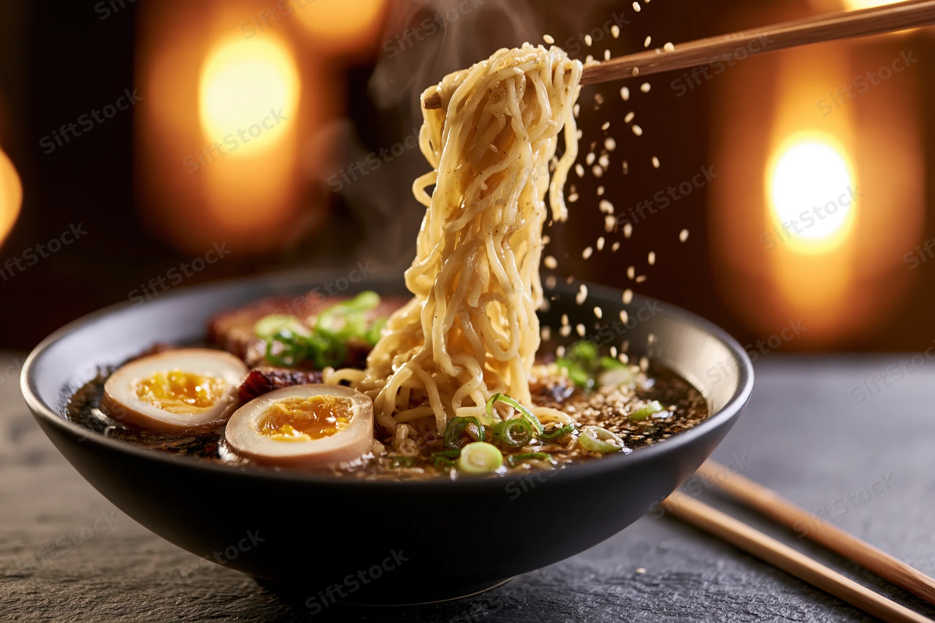 Chopsticks lifting steaming ramen noodles from a bowl with soft-boiled egg and green onions on a dark table