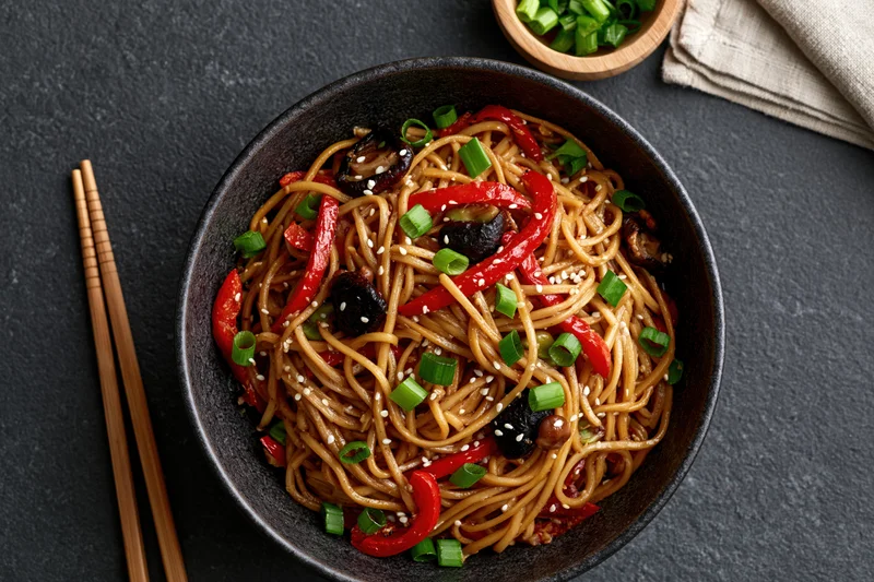 Stir-fried noodles with red peppers and shiitake mushrooms in a black bowl, garnished with green onions and sesame seeds, served with chopsticks on a dark surface