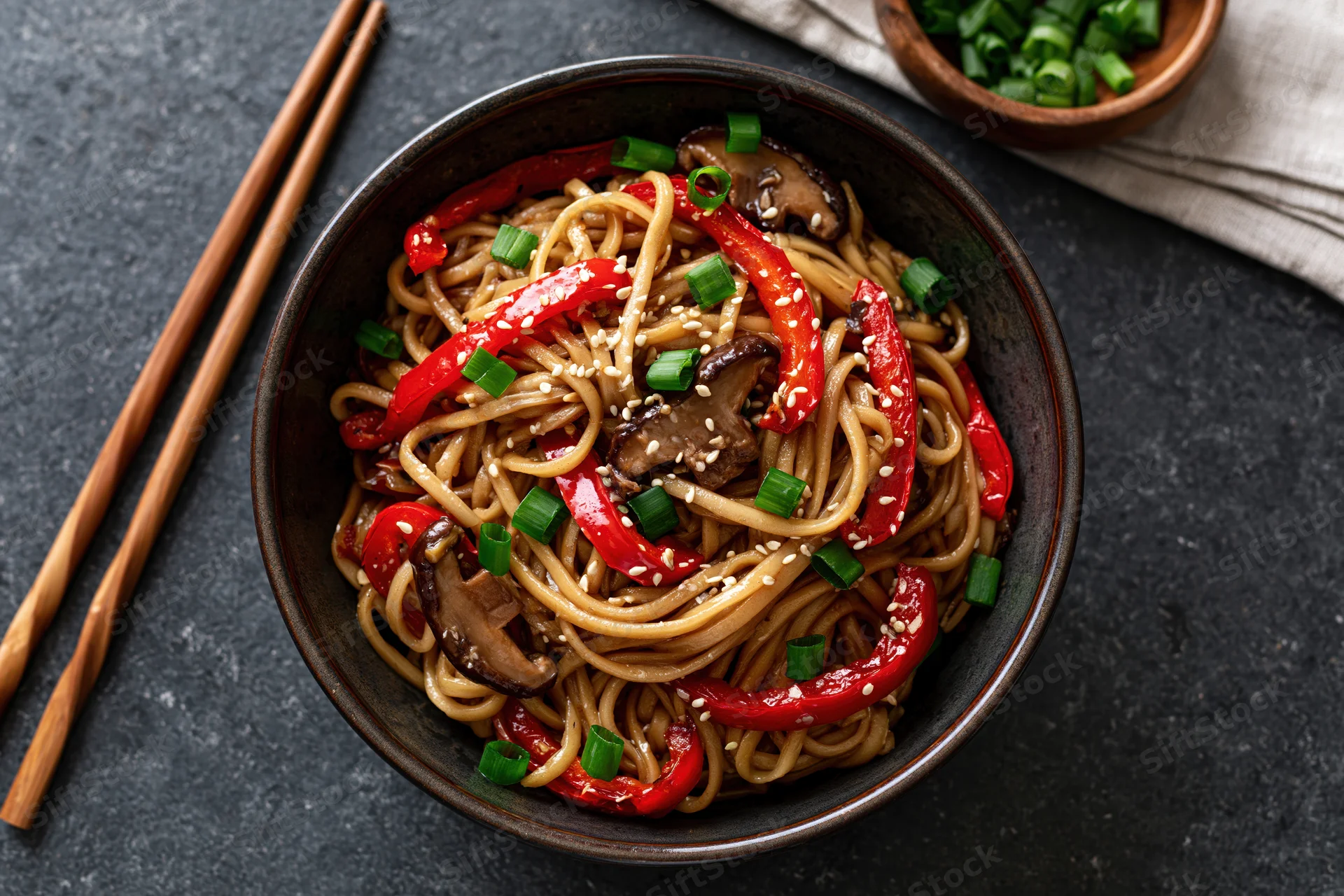 Stir-fried noodles with red peppers and shiitake mushrooms in a dark bowl with chopsticks on a dark surface