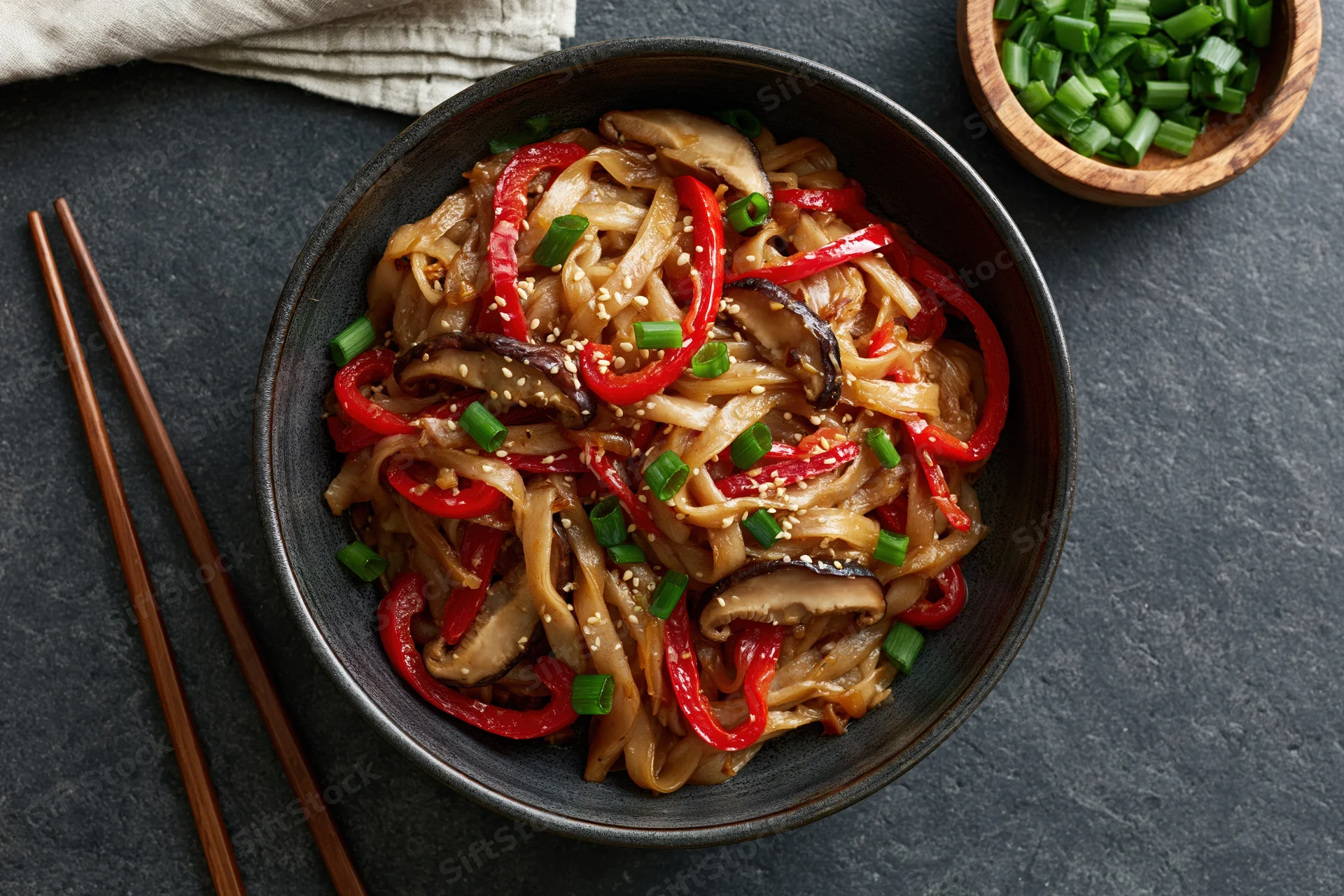 Stir-fried noodles with shiitake mushrooms and red bell peppers in a dark bowl, garnished with sesame seeds and green onions, served with chopsticks on a slate surface