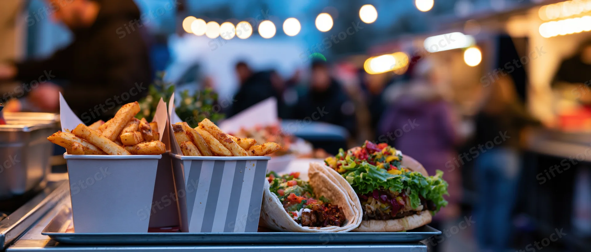 Tacos and fries in paper cups on a metal counter at a street food market at night