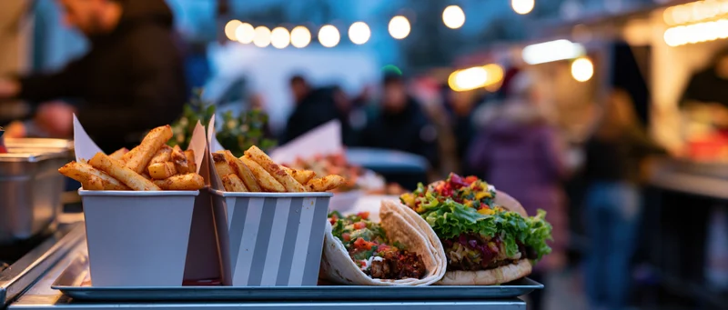 Tacos and fries in paper cups on a metal counter at a street food market at night