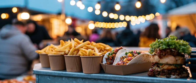 Street food including tacos, fries, and burger arranged on a metal counter at an outdoor evening market