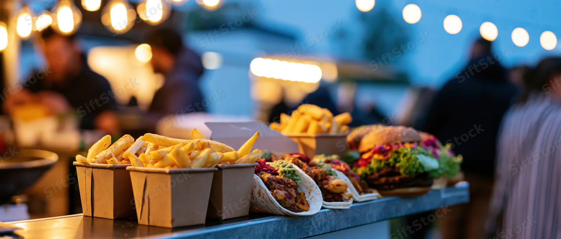Street food including burgers, fries, and tacos arranged on a metal counter ledge at an outdoor evening event