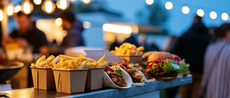 Street food including burgers, fries, and tacos arranged on a metal counter ledge at an outdoor evening event