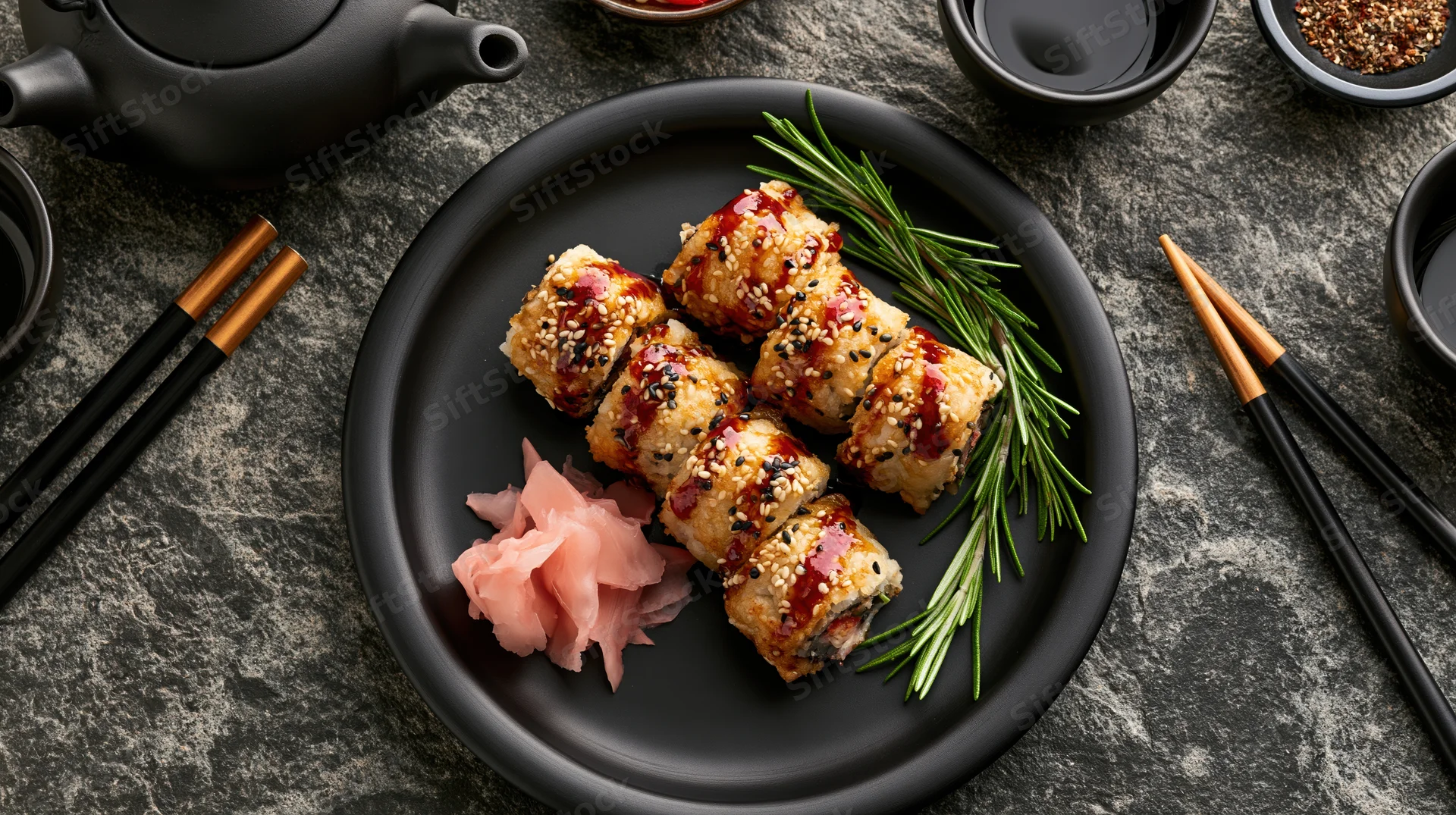 Sushi rolls with sesame seeds and drizzled sauce on a black plate with rosemary and pickled ginger, surrounded by chopsticks and teapot on a stone table