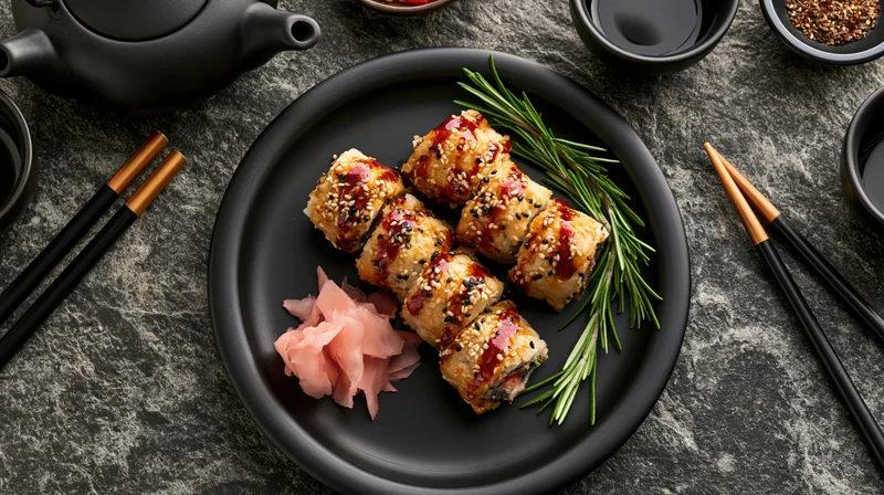 Sushi rolls with sesame seeds and drizzled sauce on a black plate with rosemary and pickled ginger, surrounded by chopsticks and teapot on a stone table