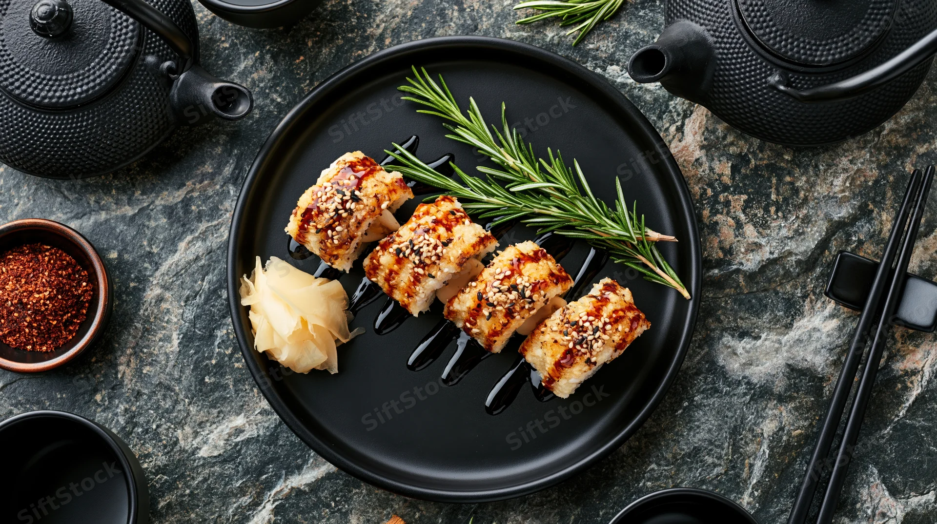 Sushi rolls with sesame seeds and sauce on a black plate with rosemary and ginger, surrounded by chopsticks and teapots on a dark marble surface