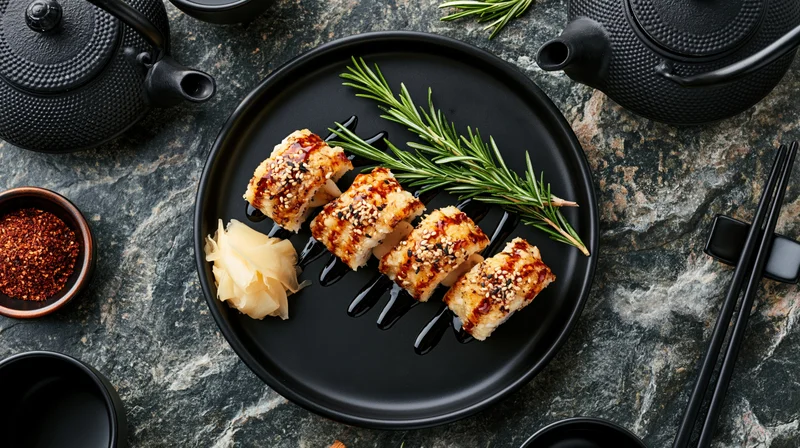 Sushi rolls with sesame seeds and sauce on a black plate with rosemary and ginger, surrounded by chopsticks and teapots on a dark marble surface