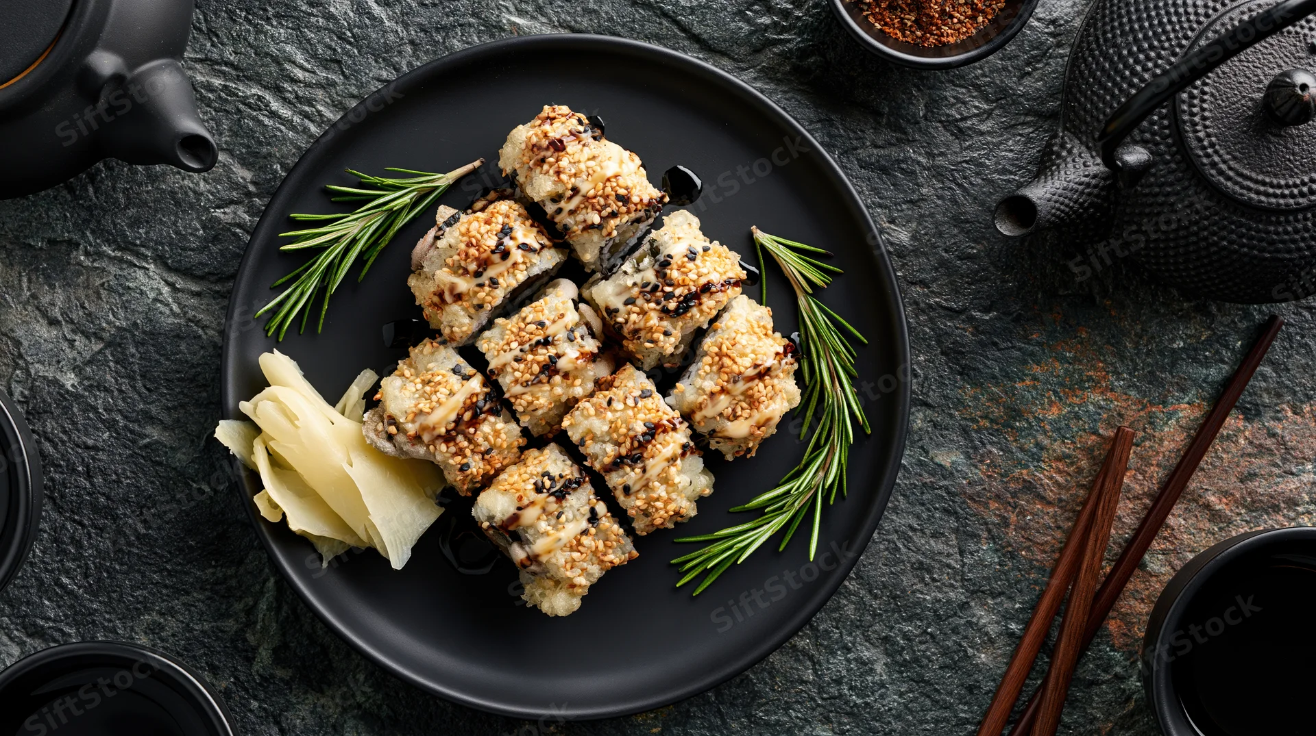 Sushi rolls topped with sesame seeds and drizzled sauce on a black plate with rosemary and ginger, arranged on a dark stone table with chopsticks and teapots