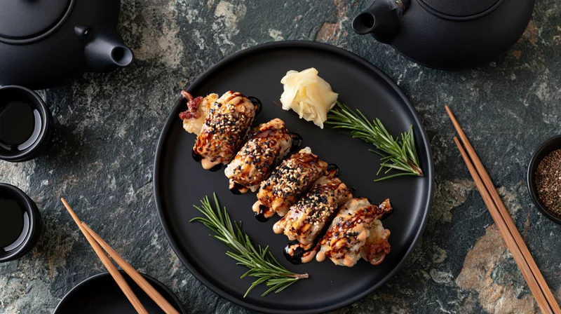 Sushi rolls topped with sesame seeds and drizzled sauce on a black plate with rosemary and chopsticks on a dark stone table