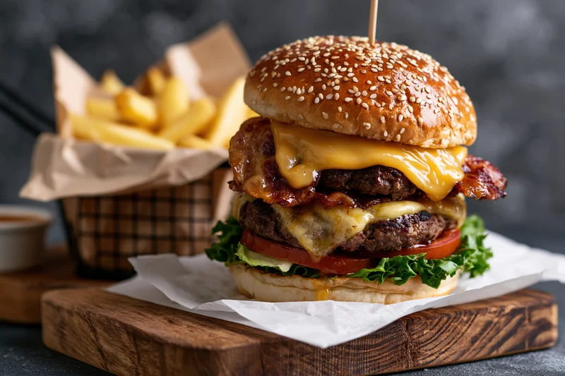 Double cheeseburger with bacon and melted cheese on sesame bun served with fries on wooden board