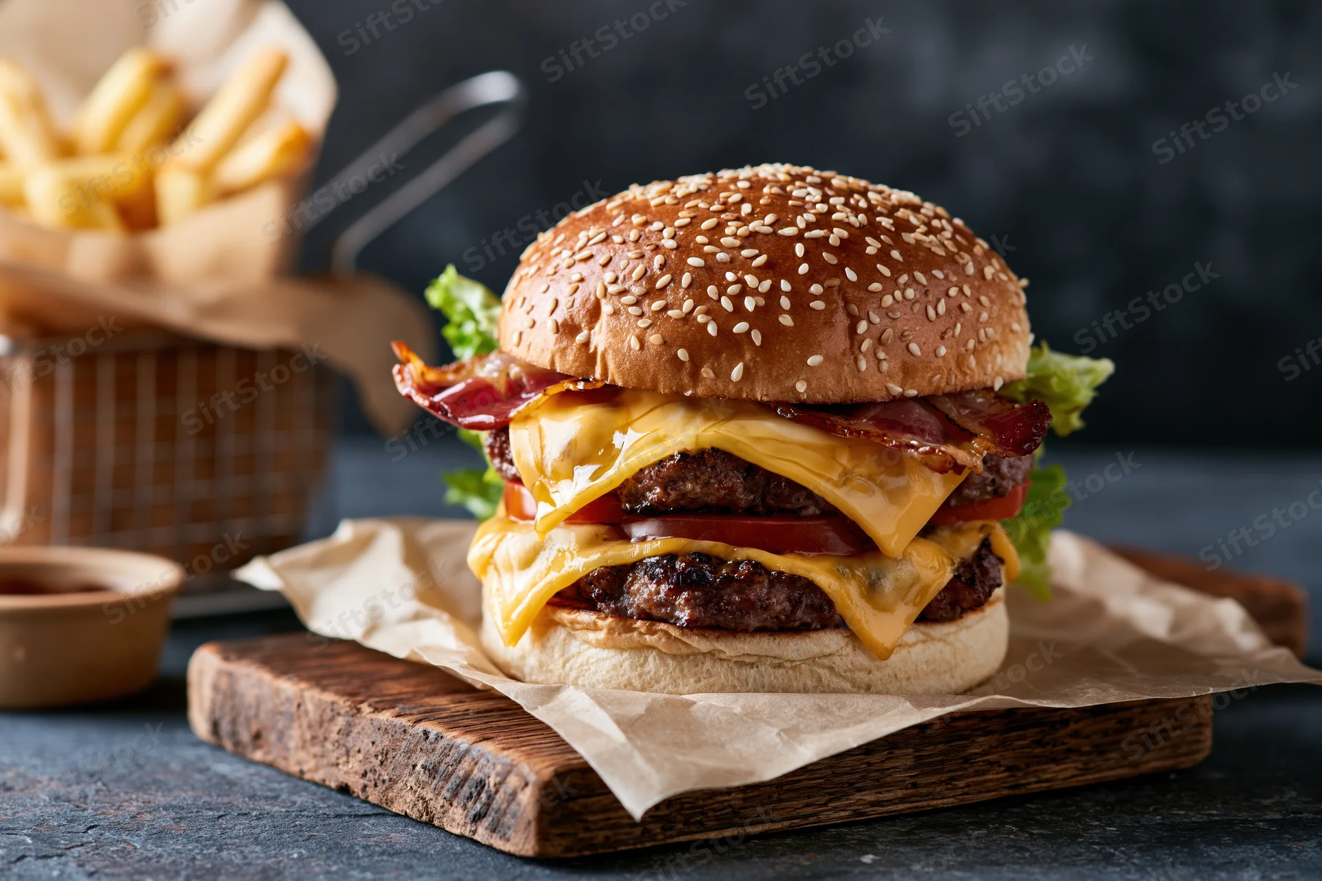 Double cheeseburger with bacon and melted cheese on a wooden board with fries in a basket beside it