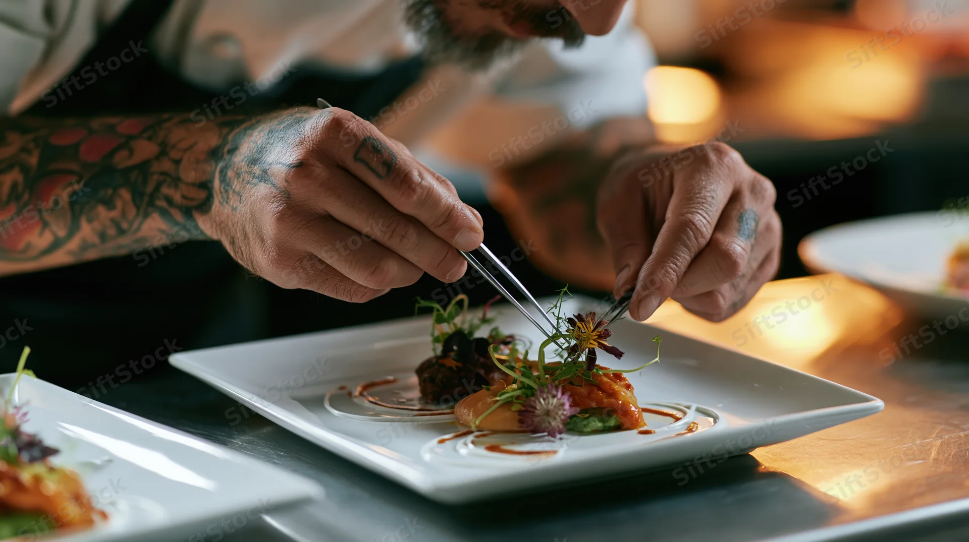 Tattooed chef plating a fine dining dish with tweezers on a white square plate